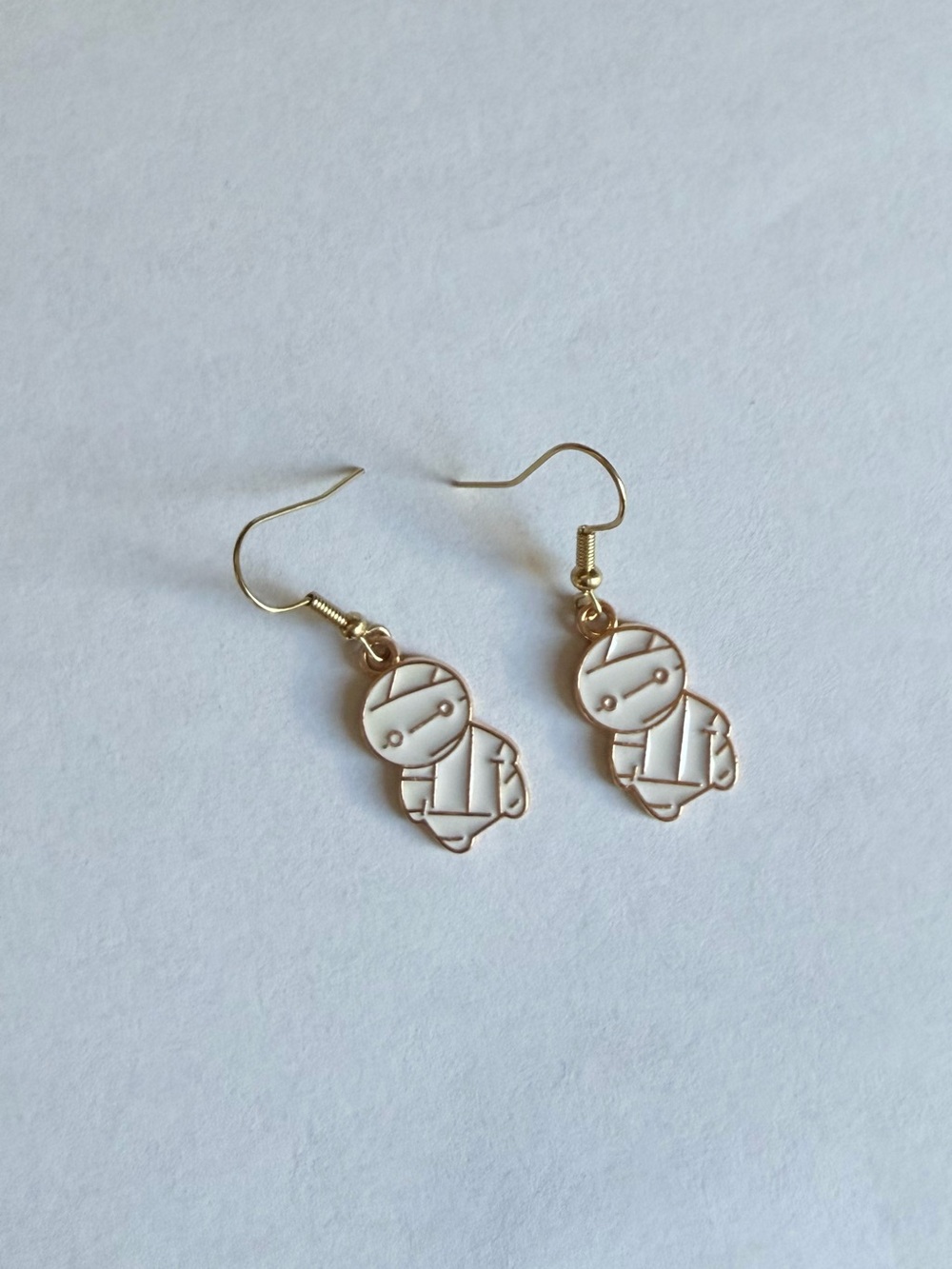 3/$30 Gold Tone White Enamel Cute Mummy Drop Earrings Kawaii Halloween Jewelry